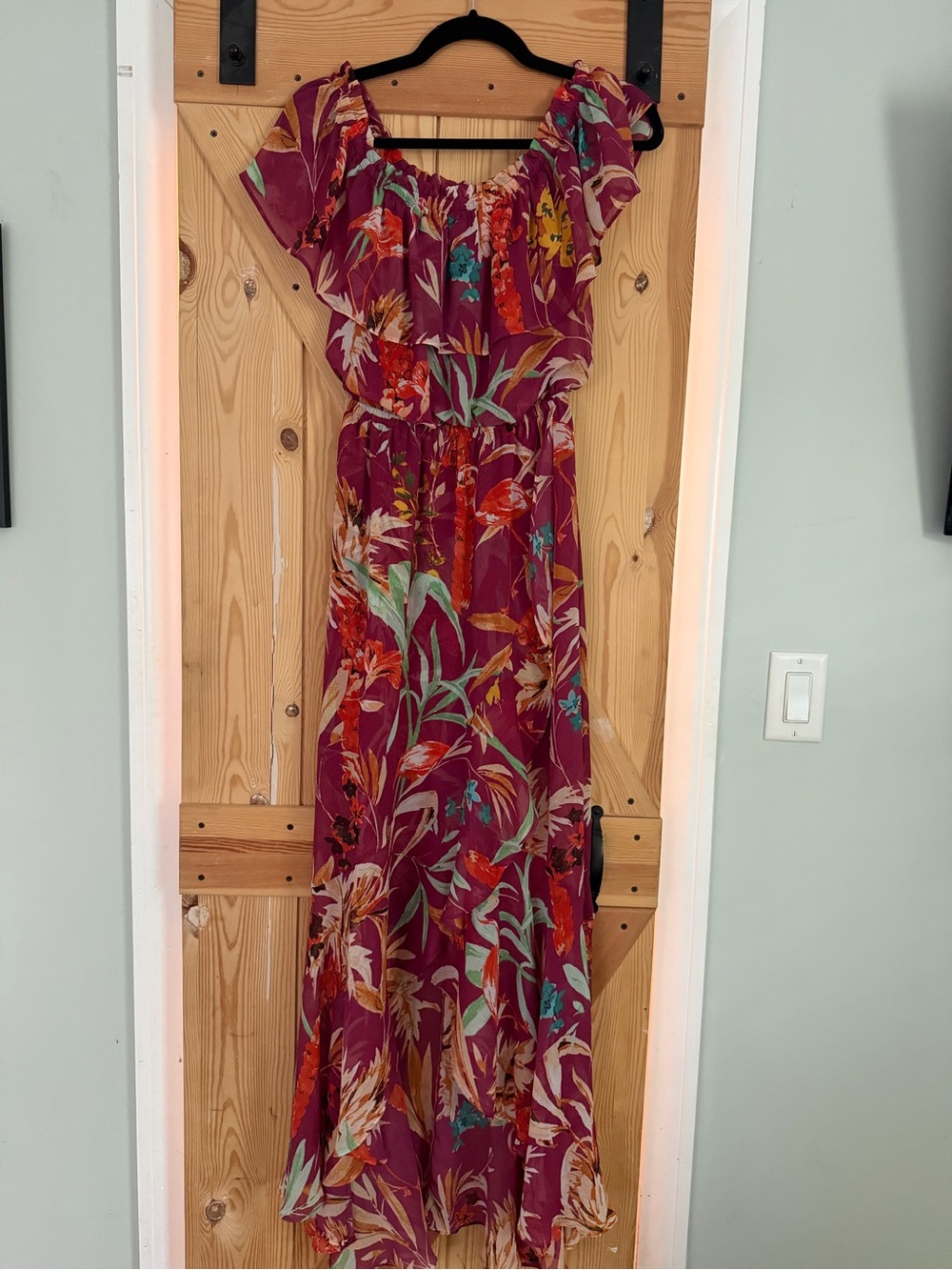 Express Plum Off-Shoulder Floral Trim Maxi Dress